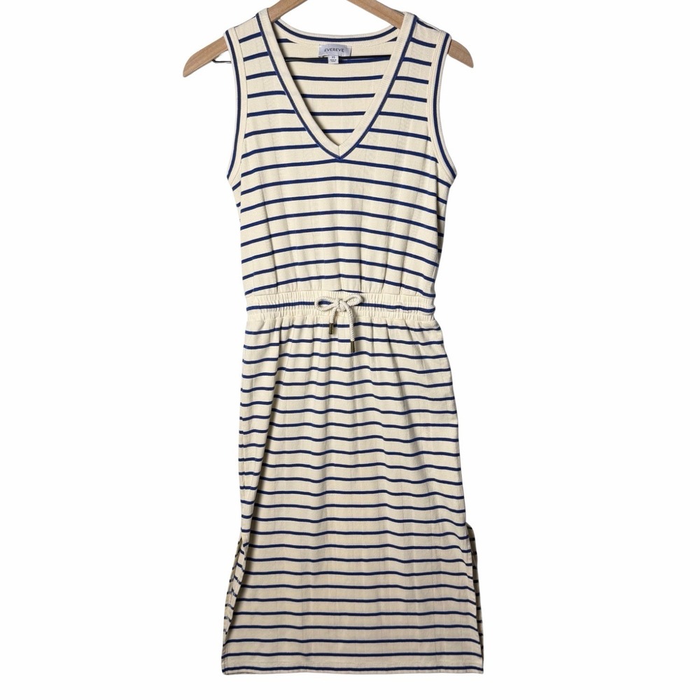 Evereve Blue and Cream Stripe V-Neck Midi Sleeveless Dress Cinch Waist Womens XS